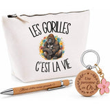 Coffret Cadeau Les gorilles c'est la vie – Trousse, stylo bambou et porte-clés
