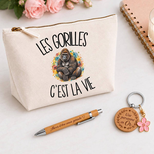 Coffret Cadeau Les gorilles c'est la vie – Trousse, stylo bambou et porte-clés
