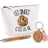 Coffret Cadeau Les singes c'est la vie – Trousse, stylo bambou et porte-clés