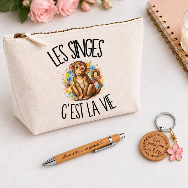 Coffret Cadeau Les singes c'est la vie – Trousse, stylo bambou et porte-clés