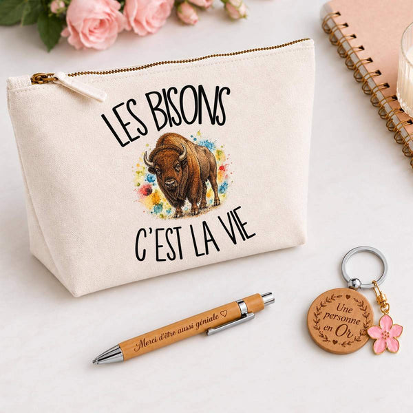 Coffret Cadeau Les bisons c'est la vie – Trousse, stylo bambou et porte-clés