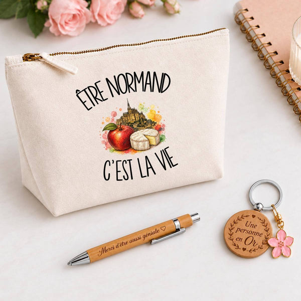 Coffret Cadeau Être normand c'est la vie – Trousse, stylo bambou et porte-clés