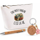 Coffret Cadeau Être prof d'anglais c'est la vie – Trousse, stylo bambou et porte-clés