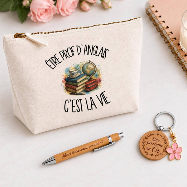Coffret Cadeau Être prof d'anglais c'est la vie – Trousse, stylo bambou et porte-clés
