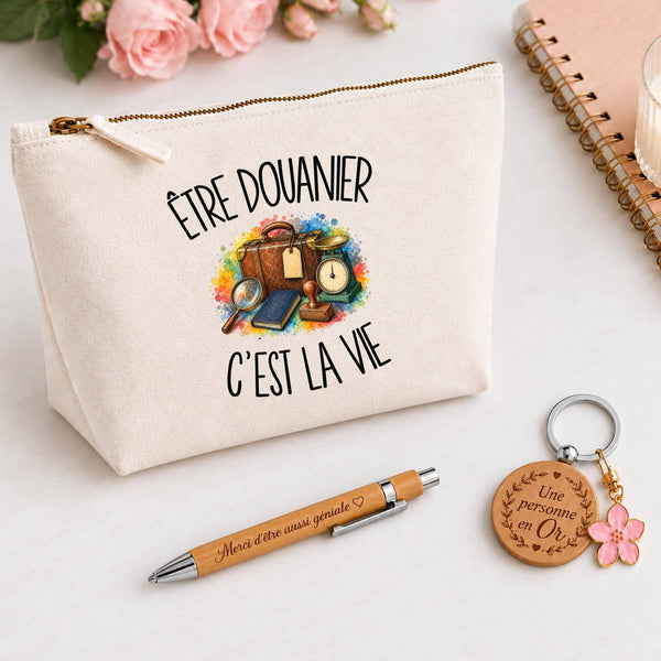 Coffret Cadeau Être douanier c'est la vie – Trousse, stylo bambou et porte-clés