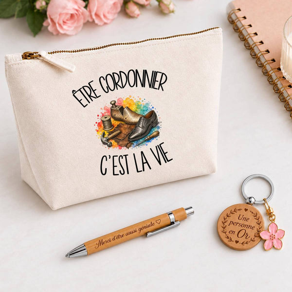 Coffret Cadeau Être cordonnier c'est la vie – Trousse, stylo bambou et porte-clés