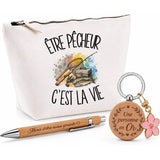 Coffret Cadeau Être pêcheur c'est la vie – Trousse, stylo bambou et porte-clés