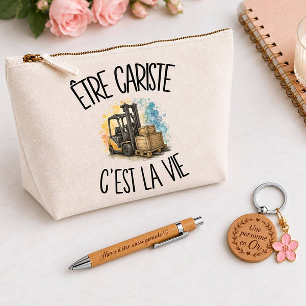 Coffret Cadeau Être cariste c'est la vie – Trousse, stylo bambou et porte-clés