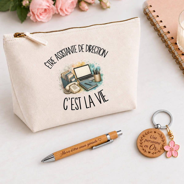 Coffret Cadeau Être assistante de direction c'est la vie – Trousse, stylo bambou et porte-clés
