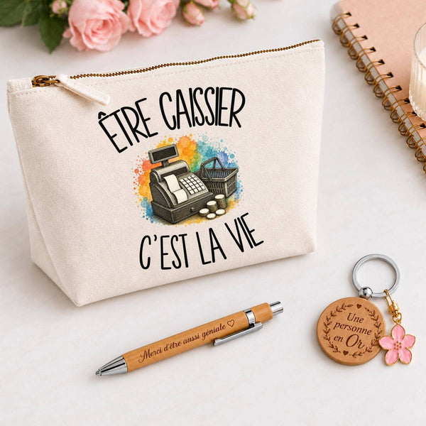 Coffret Cadeau Être caissier c'est la vie – Trousse, stylo bambou et porte-clés