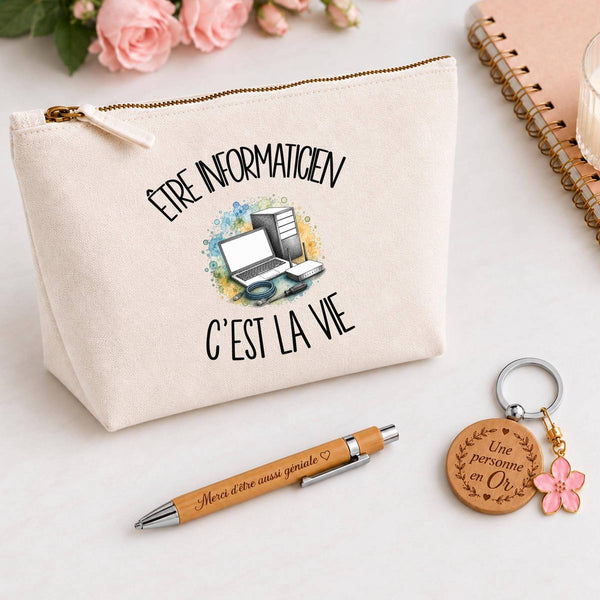 Coffret Cadeau Être informaticien c'est la vie – Trousse, stylo bambou et porte-clés
