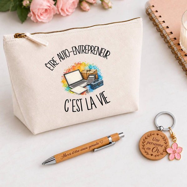 Coffret Cadeau Être auto-entrepreneur c'est la vie – Trousse, stylo bambou et porte-clés