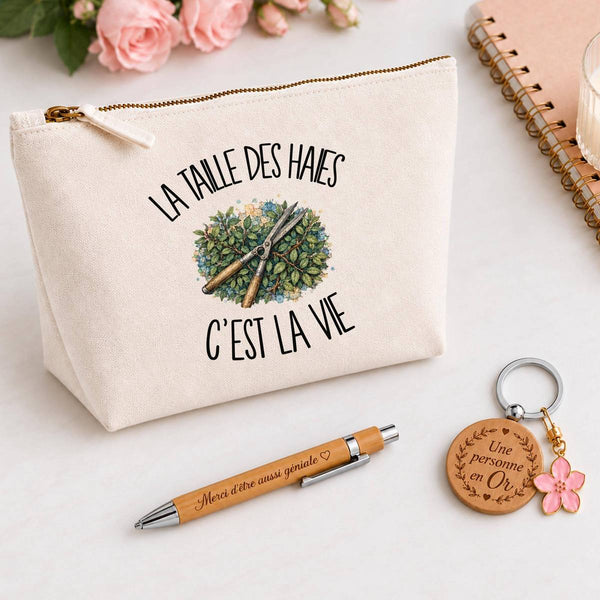 Coffret Cadeau La taille des haies c'est la vie – Trousse, stylo bambou et porte-clés