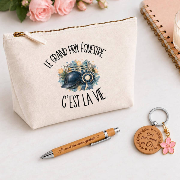 Coffret Cadeau Le grand prix équestre c'est la vie – Trousse, stylo bambou et porte-clés