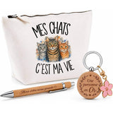 Coffret Cadeau Mes chats c'est ma vie – Trousse, stylo bambou et porte-clés