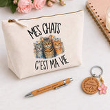 Coffret Cadeau Mes chats c'est ma vie – Trousse, stylo bambou et porte-clés