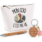 Coffret Cadeau Mon coq c'est ma vie – Trousse, stylo bambou et porte-clés