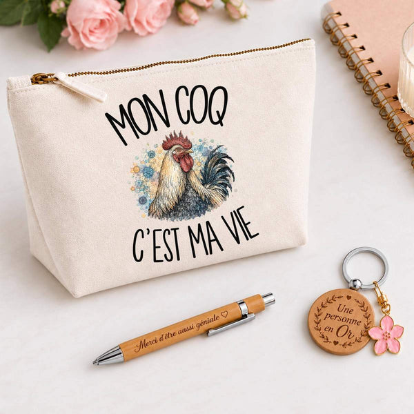 Coffret Cadeau Mon coq c'est ma vie – Trousse, stylo bambou et porte-clés