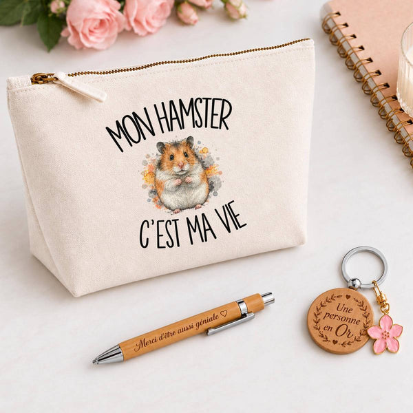 Coffret Cadeau Mon hamster c'est ma vie – Trousse, stylo bambou et porte-clés