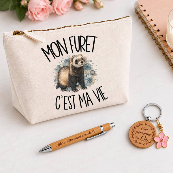 Coffret Cadeau Mon furet c'est ma vie – Trousse, stylo bambou et porte-clés