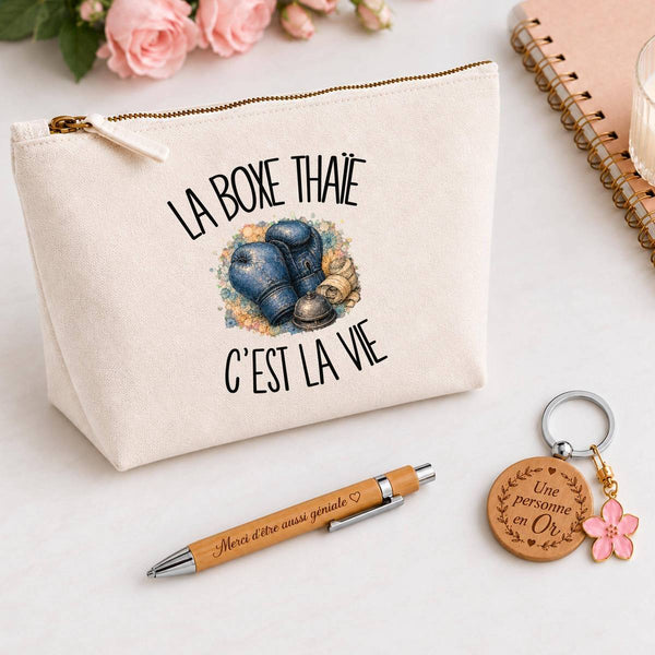 Coffret Cadeau La boxe thaïe c'est la vie – Trousse, stylo bambou et porte-clés