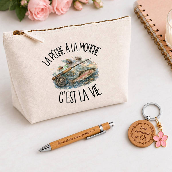 Coffret Cadeau La pêche à la mouche c'est la vie – Trousse, stylo bambou et porte-clés