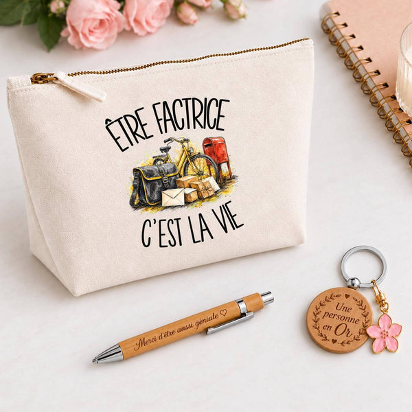Coffret Cadeau Être factrice c'est la vie – Trousse, stylo bambou et porte-clés