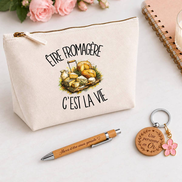 Coffret Cadeau Être fromagère c'est la vie – Trousse, stylo bambou et porte-clés