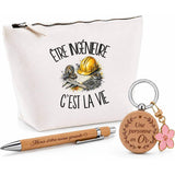 Coffret Cadeau Être ingénieure c'est la vie – Trousse, stylo bambou et porte-clés