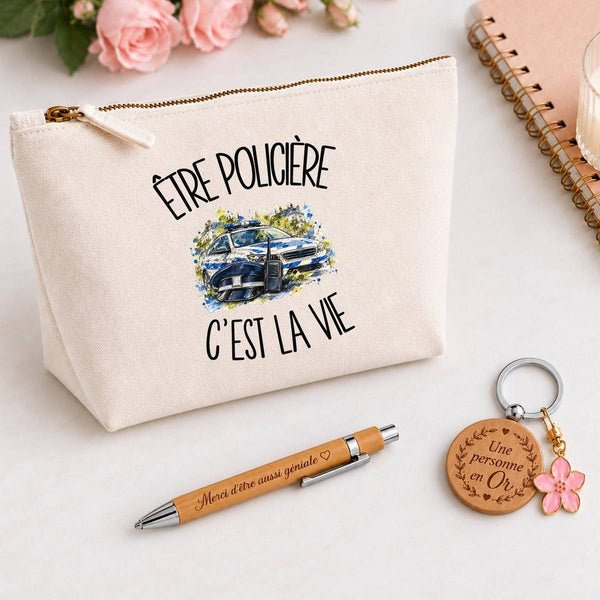 Coffret Cadeau Être policière c'est la vie – Trousse, stylo bambou et porte-clés