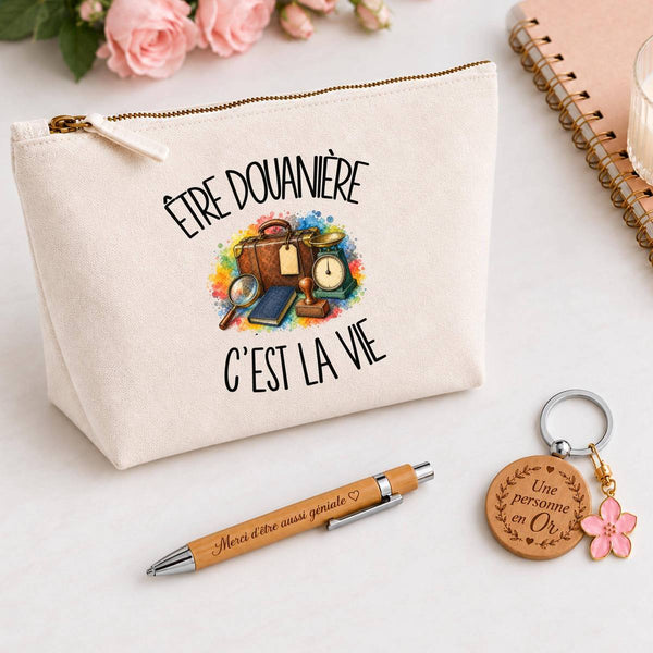 Coffret Cadeau Être douanière c'est la vie – Trousse, stylo bambou et porte-clés