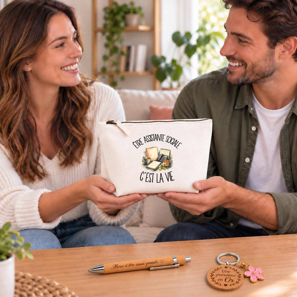 Coffret Cadeau Être assistante sociale c'est la vie – Trousse, stylo bambou et porte-clés
