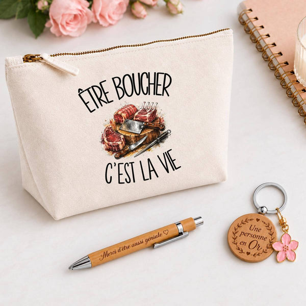 Coffret Cadeau Être boucher c'est la vie – Trousse, stylo bambou et porte-clés
