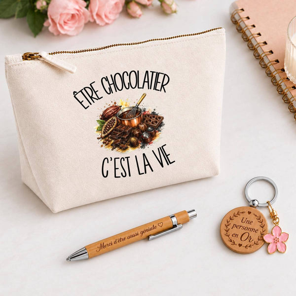 Coffret Cadeau Être chocolatier c'est la vie – Trousse, stylo bambou et porte-clés