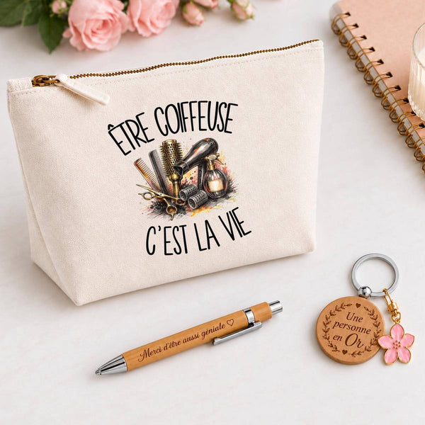 Coffret Cadeau Être coiffeuse c'est la vie – Trousse, stylo bambou et porte-clés