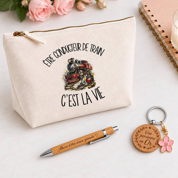 Coffret Cadeau Être conducteur de train c'est la vie – Trousse, stylo bambou et porte-clés