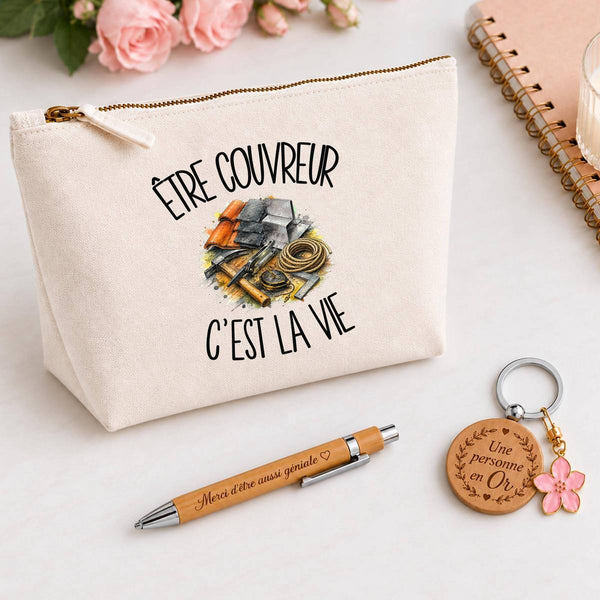 Coffret Cadeau Être couvreur c'est la vie – Trousse, stylo bambou et porte-clés