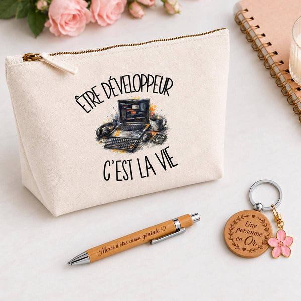 Coffret Cadeau Être développeur c'est la vie – Trousse, stylo bambou et porte-clés