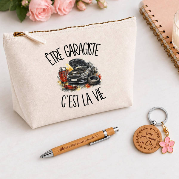 Coffret Cadeau Être garagiste c'est la vie – Trousse, stylo bambou et porte-clés
