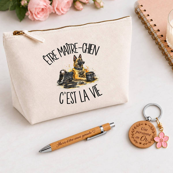 Coffret Cadeau Être maître-chien c'est la vie – Trousse, stylo bambou et porte-clés