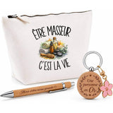 Coffret Cadeau Être masseur c'est la vie – Trousse, stylo bambou et porte-clés