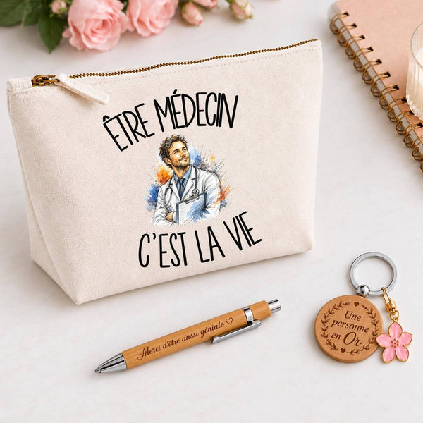 Coffret Cadeau Être médecin c'est la vie – Trousse, stylo bambou et porte-clés