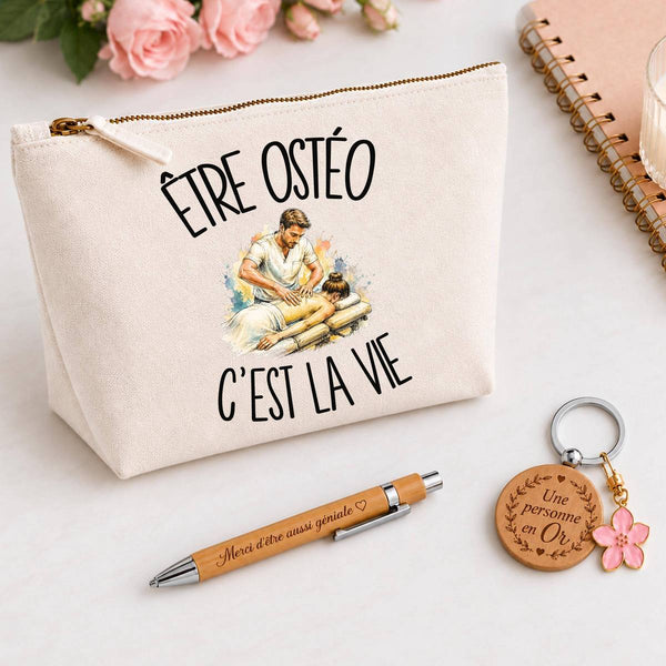 Coffret Cadeau Être ostéo c'est la vie – Trousse, stylo bambou et porte-clés