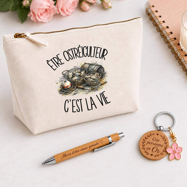 Coffret Cadeau Être ostréiculteur c'est la vie – Trousse, stylo bambou et porte-clés