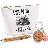 Coffret Cadeau Être pilote c'est la vie – Trousse, stylo bambou et porte-clés