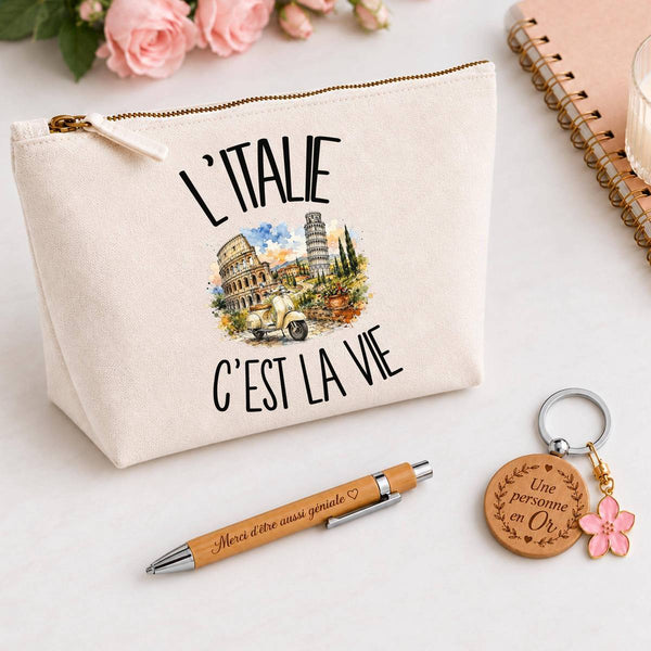 Coffret Cadeau L'Italie c'est la vie – Trousse, stylo bambou et porte-clés