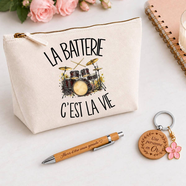 Coffret Cadeau La batterie c'est la vie – Trousse, stylo bambou et porte-clés