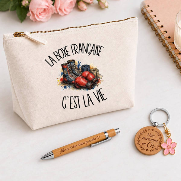 Coffret Cadeau La boxe française c'est la vie – Trousse, stylo bambou et porte-clés