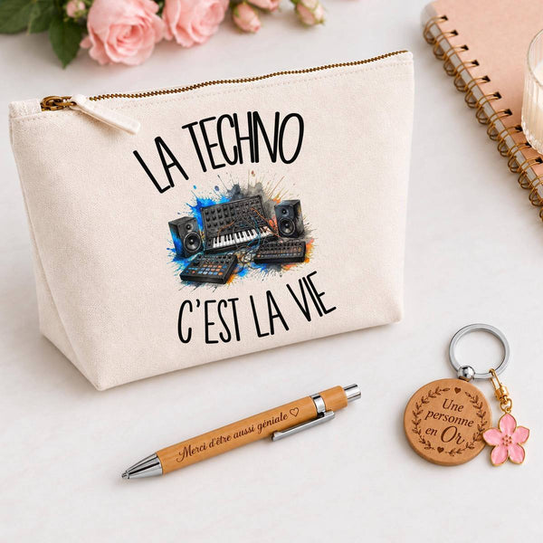 Coffret Cadeau La techno c'est la vie – Trousse, stylo bambou et porte-clés