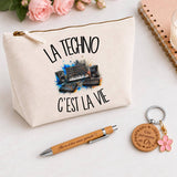 Coffret Cadeau La techno c'est la vie – Trousse, stylo bambou et porte-clés